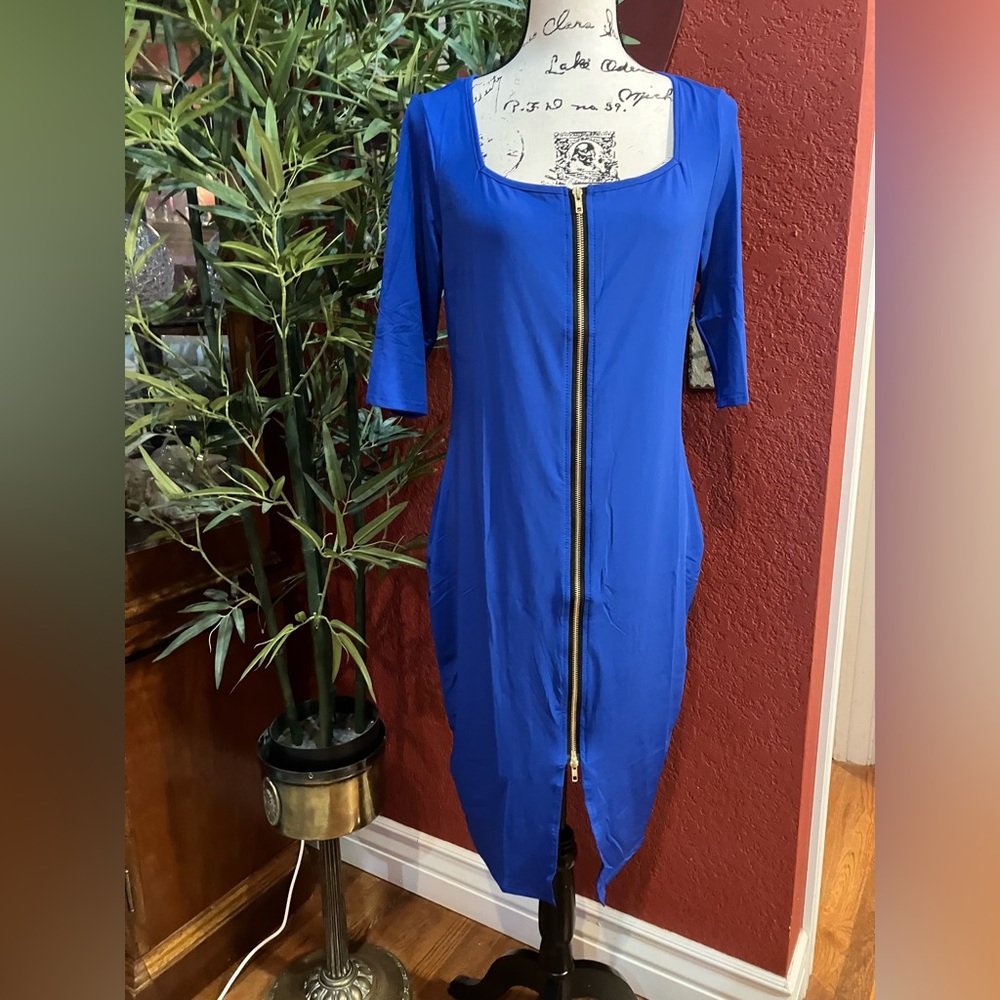 Women's Square Neck Half Sleeves Bodycon Dress Full Front Zip Split Midi Dress L